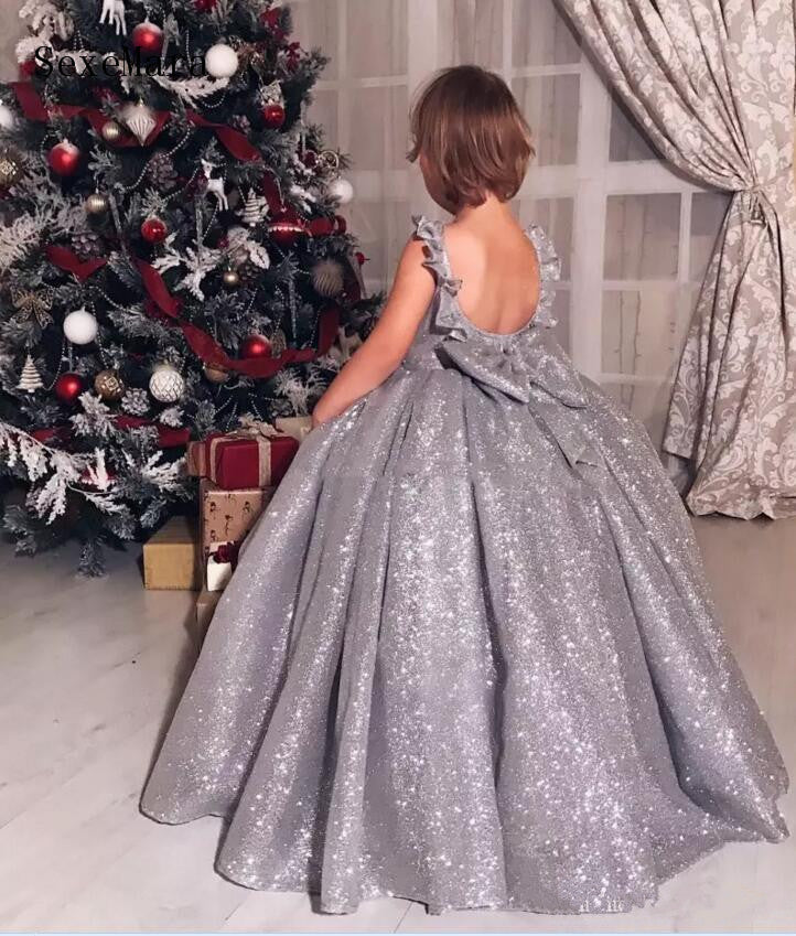 Bling Bling Silver Sequins Little Girls Birthday Dress Open Back