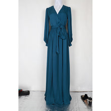 Load image into Gallery viewer, Christmas clothes big size women cleavage party dress v-neck tie belt long sleeve floor length bridal party dress large tunic