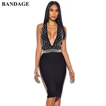 Load image into Gallery viewer, BANDAGE Autumn Luxury Bejeweled Women Vestidos Black Bandage Dress Pearl Beading Sexy Deep V Christmas Party New Year Eve Dress
