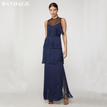 Load image into Gallery viewer, BANDAGE Winter Navy Blue Sleeveless Fringe Tassel Bandage Dress Women Rayon Bandage Vestidos Maxi Christmas Eve Party Dresses