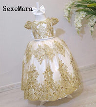 Load image into Gallery viewer, Cute New Customized Baby Girls Birthday Dresses Lace Beaded Short Sleeves O Neck Little Princess Dress Christmas Gown with Bow