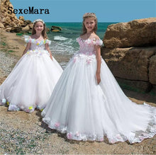 Load image into Gallery viewer, New Off Shoulder High Quality Girls Dresses 3D Flowers A Line with Train Girls Birthday Gown Party Dress Christmas Dress 2-16Y