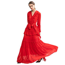 Load image into Gallery viewer, women fashion Christmas clothes red gala dresses ruffles v-neck button closure long sleeve maxi dress robe lace long party dress