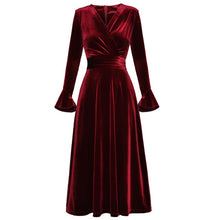 Load image into Gallery viewer, vintage christmas dress women high fashion clothing velvet party women dress wrap v neck long sleeve a line wine red dresses