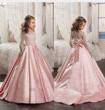 Load image into Gallery viewer, New Pink Flower Girl Dress for Wedding Button Back Long Sleeves Satin Little Girls Birthday Party Gown Christmas Dress 2-14Y