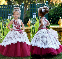 Load image into Gallery viewer, White Lace Burgundy Flower Girl Dresses Applique Puffy Tulle Girls Pageant Dresses Birthday Party Gowns Christmas Gown