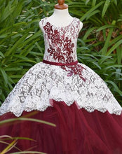 Load image into Gallery viewer, White Lace Burgundy Flower Girl Dresses Applique Puffy Tulle Girls Pageant Dresses Birthday Party Gowns Christmas Gown