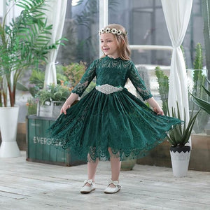 Wholesale Lace Dress for Girls 3/4 Sleeve Princess Dress With Rhinestones Belt Christmas Party Dress Children Clothing E1952