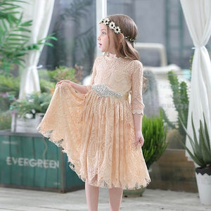 Wholesale Lace Dress for Girls 3/4 Sleeve Princess Dress With Rhinestones Belt Christmas Party Dress Children Clothing E1952