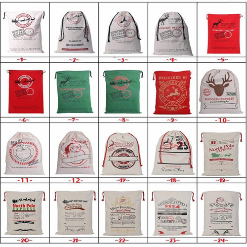 150pcs/lot 38 Styles Canvas Santa Sack Christmas Gift Bags Large Santa Bag Drawstring Candy Cane Bag Kids Gift