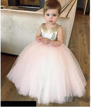 Load image into Gallery viewer, Cute Gold and Pink Sequined Flower Girl Dresses with Bow Girls First Birthday Dress Baby Girls Christmas Gown Custom Made