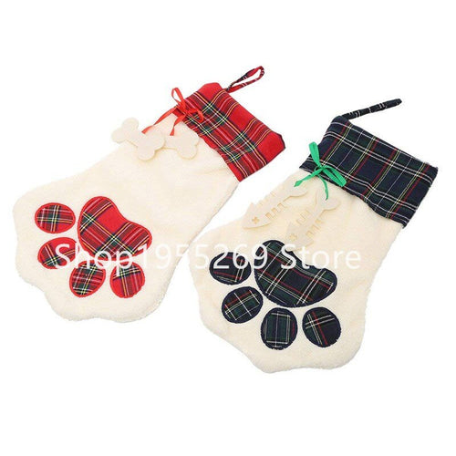 2018 Christmas Decoration Wholesale 30pcs/lot Xmas Stocking Pet Dog Plaid Paw Stocking Christmas Stocking Socks