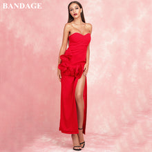 Load image into Gallery viewer, BANDAGE New Chic Red Ruffles Strapless Maxi Bandage Dress Women Vestidos Side Split Robe Dresses Christmas New Year Party Dress